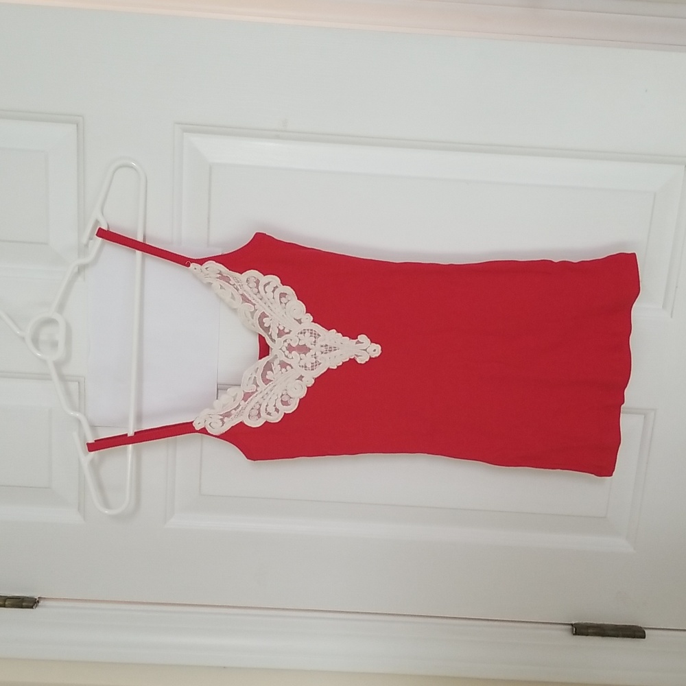 Vintage tank top, XS, BONGO, red with cream lace on front